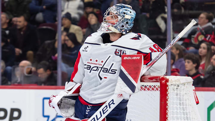 Jan 16, 2025; Ottawa, Ontario, CAN; Washington Capitals goalie Logan Thompson (48) looks on in the first period against the Ottawa Senators at the Canadian Tire Centre. Mandatory Credit: Marc DesRosiers-Imagn Images
