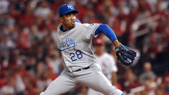 June 18, 2007; St. Louis, MO, USA;  Kansas City Royals pitcher Octavio Dotel (28) delivers a strike in the bottom of the ninth as the Royals defeat the St. Louis Cardinals 5-3 at Busch Stadium in St.Louis, MO.  Mandatory Credit: Denny Medley-Imagn Images Copyright 2007 Denny Medley