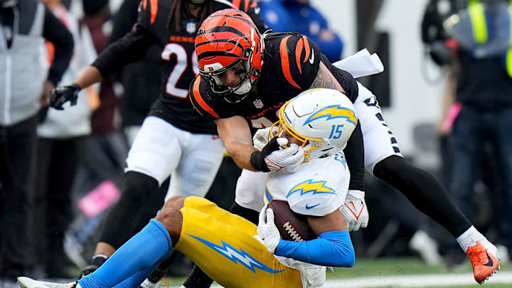 Cincinnati Bengals linebacker Joe Bachie (49) tackles Los Angeles Chargers wide receiver Jalen Guyton (15) in the fourth quarter during a Week 13 NFL football game, Sunday, Dec. 5, 2021, at Paul Brown Stadium in Cincinnati. The Los Angeles Chargers defeated the Cincinnati Bengals, 41-22.
Los Angeles Chargers At Cincinnati Bengals Dec 5 Cincinnati Bengals linebacker Joe Bachie (49) tackles Los Angeles Chargers wide receiver Jalen Guyton (15) in the fourth quarter during a Week 13 NFL football game, Sunday, Dec. 5, 2021, at Paul Brown Stadium in Cincinnati. The Los Angeles Chargers defeated the Cincinnati Bengals, 41-22.
Los Angeles Chargers At Cincinnati Bengals Dec 5