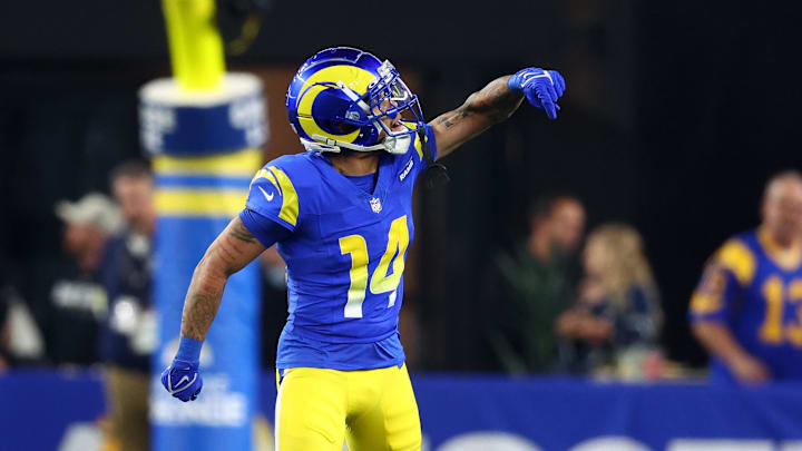 Jan 13, 2025; Glendale, AZ, USA; Los Angeles Rams cornerback Cobie Durant (14) reacts after a play against the Minnesota Vikings during the first half in an NFC wild card game at State Farm Stadium. Mandatory Credit: Mark J. Rebilas-Imagn Images Jan 13, 2025; Glendale, AZ, USA; Los Angeles Rams cornerback Cobie Durant (14) reacts after a play against the Minnesota Vikings during the first half in an NFC wild card game at State Farm Stadium. Mandatory Credit: Mark J. Rebilas-Imagn Images
