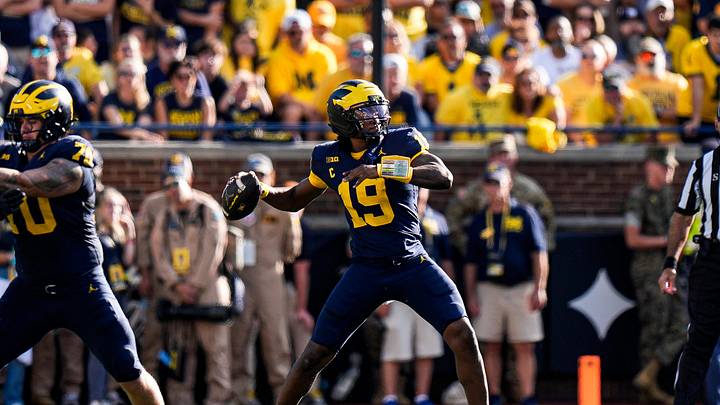 Michigan quarterback Bryce Underwood (19) makes a pass against Iowa during the first half at Michigan Stadium in Ann Arbor on Saturday, Sept. 26, 2026.
