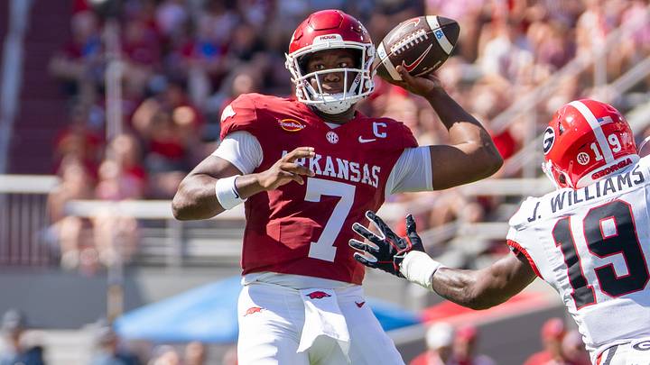 Arkansas Razorbacks quarterback KJ Jackson attempts pass against Georgia Bulldogs at Razorback Stadium on Sept. 19, 2026.