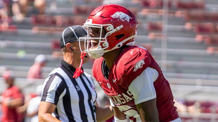 Arkansas Razorbacks wide receiver Chris Marshall celebrates after a big catch against the No. 2 Georgia Bulldogs on Saturday, Sept. 19, 2026.