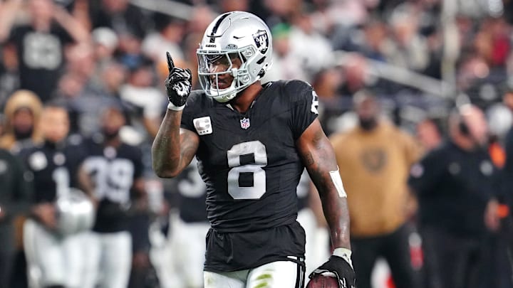 Nov 12, 2023; Paradise, Nevada, USA; Las Vegas Raiders running back Josh Jacobs (8) gestures after making a first down against the New York Jets during the third quarter at Allegiant Stadium. Mandatory Credit: Stephen R. Sylvanie-USA TODAY Sports