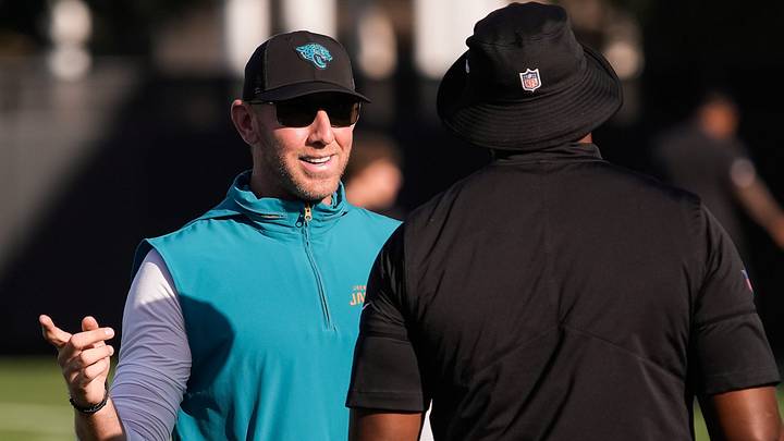 Jacksonville Jaguars Head Coach Liam Coen talks to a member of his coaching staff during the Jacksonville Jaguars 10th day of NFL Training Camp at the Miller Electric Center in Jacksonville, Fla., Sunday, August 9, 2026.    [Doug Engle/Florida Times-Union]