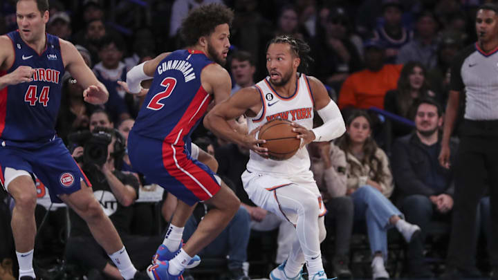 Oct 4, 2022; New York, New York, USA;  New York Knicks guard Jalen Brunson (11) looks to drive past Detroit Pistons guard Cade Cunningham (2) in the second quarter at Madison Square Garden. Mandatory Credit: Wendell Cruz-Imagn Images