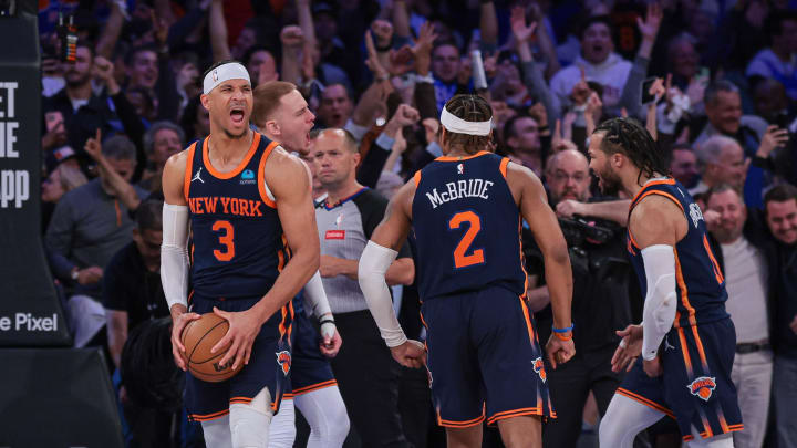 Apr 22, 2024; New York, New York, USA;  New York Knicks guard Josh Hart (3) celebrates with