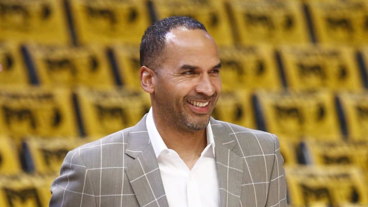 Apr 18, 2025; Memphis, Tennessee, USA; Dallas Mavericks general manager Nico Harrison watches warm ups prior to a game against the Memphis Grizzlies at FedExForum. Mandatory Credit: Petre Thomas-Imagn Images