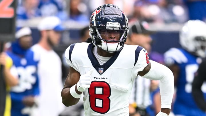 Sep 17, 2023; Houston, Texas, USA; Houston Texans wide receiver John Metchie III (8) in action during the fourth quarter against the Indianapolis Colts at NRG Stadium. Mandatory Credit: Maria Lysaker-USA TODAY Sports Sep 17, 2023; Houston, Texas, USA; Houston Texans wide receiver John Metchie III (8) in action during the fourth quarter against the Indianapolis Colts at NRG Stadium. Mandatory Credit: Maria Lysaker-USA TODAY Sports