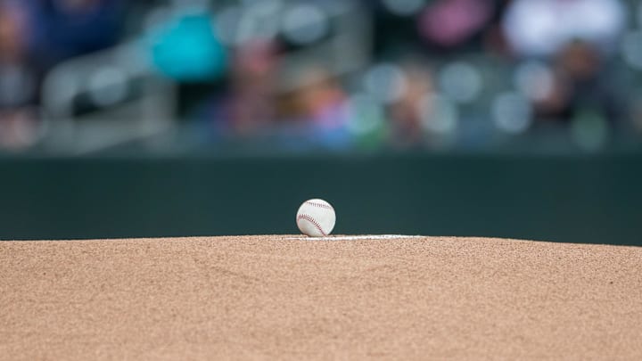 May 18, 2017; Minneapolis, MN, USA; A baseball sits on top of the mound before the game between the Minnesota Twins and Colorado Rockies at Target Field. Mandatory Credit: Brad Rempel-Imagn Images