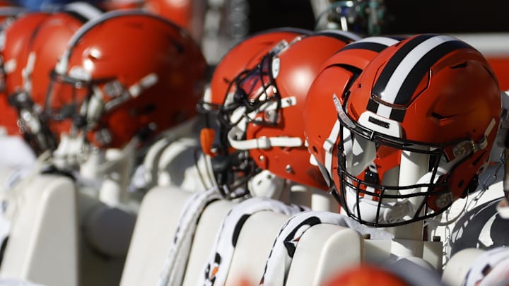 Jan 1, 2023; Landover, Maryland, USA; Cleveland Browns players' helmets rest on the bench prior to their game against the Washington Commanders at FedExField. Jan 1, 2023; Landover, Maryland, USA; Cleveland Browns players' helmets rest on the bench prior to their game against the Washington Commanders at FedExField.