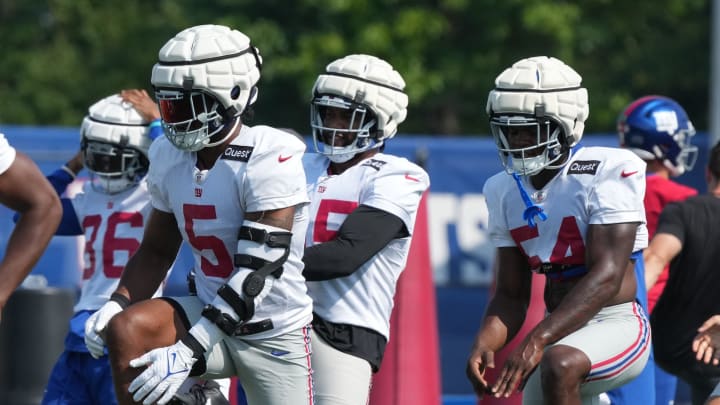 East Rutherford, NJ -- August 1, 2024 -- Kayvon Thibodeaux practicing today at training camp for the New York Giants. East Rutherford, NJ -- August 1, 2024 -- Kayvon Thibodeaux practicing today at training camp for the New York Giants.