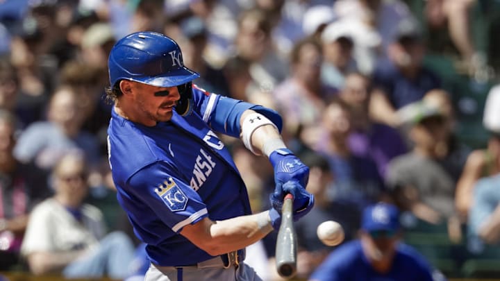 May 3, 2026; Seattle, Washington, USA; Kansas City Royals shortstop Bobby Witt Jr. (7) hits a single against the Seattle Mariners during the fourth inning at T-Mobile Park. Mandatory Credit: Joe Nicholson-Imagn Images