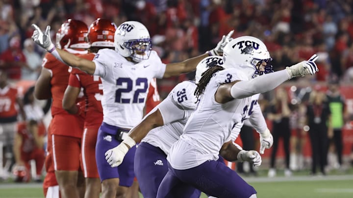 Nov 22, 2025; Houston, Texas, USA; TCU Horned Frogs linebacker Kaleb Elarms-Orr (3) celebrates after a Houston Cougars missed field goal attempt during the fourth quarter at TDECU Stadium. Mandatory Credit: Troy Taormina-Imagn Images