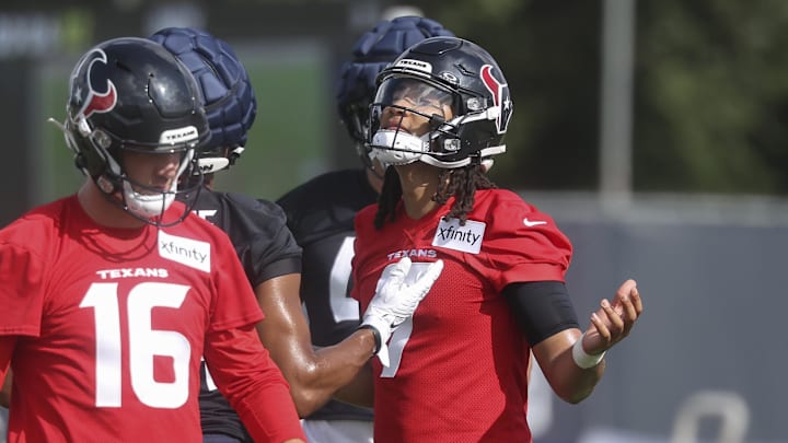 Jul 23, 2025; Houston, TX, USA; Houston Texans quarterback C.J. Stroud (7) during training camp at Houston Methodist Training Center. Mandatory Credit: Troy Taormina-Imagn Images Jul 23, 2025; Houston, TX, USA; Houston Texans quarterback C.J. Stroud (7) during training camp at Houston Methodist Training Center. Mandatory Credit: Troy Taormina-Imagn Images