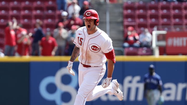 Apr 26, 2023; Cincinnati, Ohio, USA; Cincinnati Reds third baseman Nick Senzel (15) reacts as he