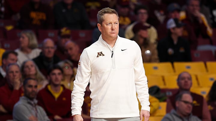 Nov 3, 2025; Minneapolis, Minnesota, USA; Minnesota Golden Gophers head coach Niko Medved looks on during the first half against the Gardner-Webb Runnin' Bulldogs at Williams Arena. Mandatory Credit: Matt Krohn-Imagn Images