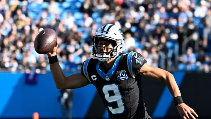 Nov 3, 2024; Charlotte, North Carolina, USA; Carolina Panthers quarterback Bryce Young (9) with the ball in the third qarter at Bank of America Stadium. Mandatory Credit: Bob Donnan-Imagn Images Nov 3, 2024; Charlotte, North Carolina, USA; Carolina Panthers quarterback Bryce Young (9) with the ball in the third qarter at Bank of America Stadium. Mandatory Credit: Bob Donnan-Imagn Images
