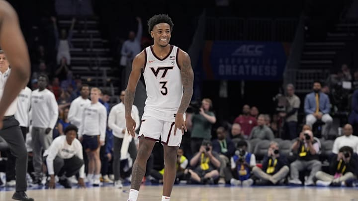 Mar 11, 2025; Charlotte, NC, USA; Virginia Tech Hokies guard Jaydon Young (3) reacts to a play against the California Golden Bears during the second half at Spectrum Center. Mandatory Credit: Jim Dedmon-Imagn Images