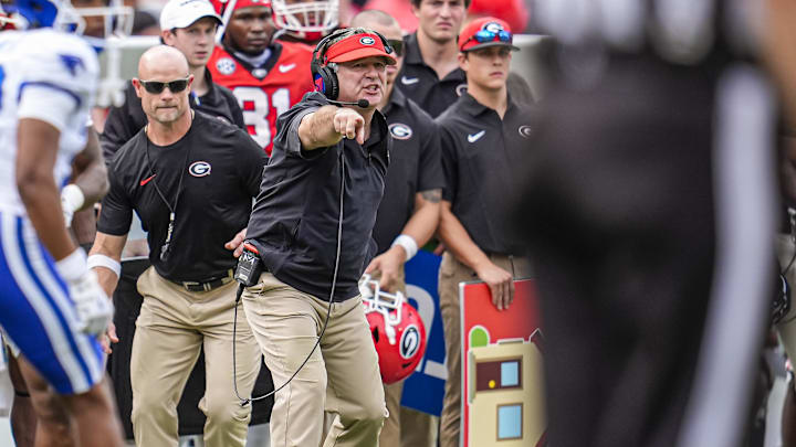 Oct 4, 2025; Athens, Georgia, USA; Georgia Bulldogs coach Kirby Smart reacts to the action against the Kentucky Wildcats at Sanford Stadium. Mandatory Credit: Dale Zanine-Imagn Images