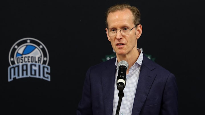 Apr 11, 2023; Orlando, Florida, USA;  Orlando Magic president of basketball operations Jeff Weltman speaks during a press conference for the new Orlando Magic G-League stadium at Osceola Heritage Park. Mandatory Credit: Nathan Ray Seebeck-Imagn Images