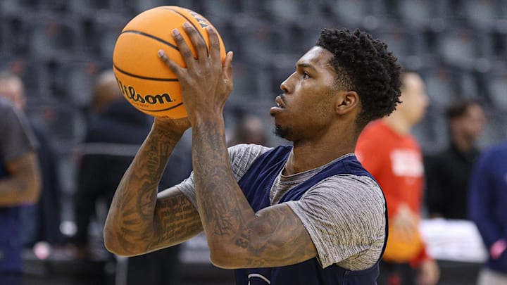 Mar 26, 2025; Newark, NJ, USA; Arizona Wildcats guard Caleb Love (1) shoots the ball during a practice session in preparation for an East Regional semifinal game against the Duke Blue Devils at Prudential Center. Mandatory Credit: Vincent Carchietta-Imagn Images