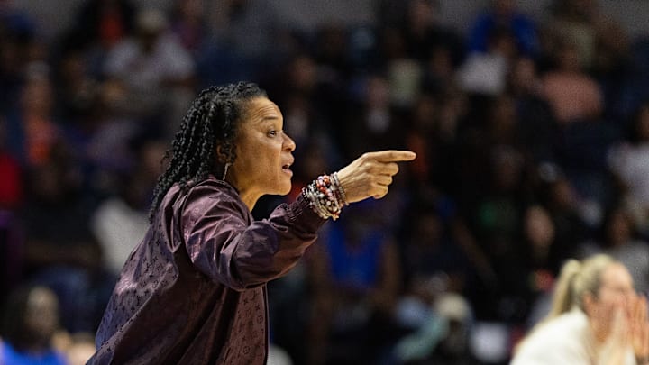 South Carolina head coach Dawn Staley reacts during the first half of an NCAA women’s basketball game at Steven C. O'Connell Center Exactek arena in Gainesville, FL on Sunday, January 4, 2026. [Alan Youngblood/Gainesville Sun]