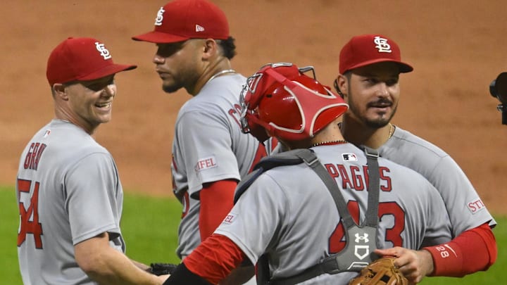 Jun 27, 2025; Cleveland, Ohio, USA; St. Louis Cardinals starting pitcher Sonny Gray (54) and his teammates celebrate a win against the Cleveland Guardians at Progressive Field. Mandatory Credit: David Richard-Imagn Images Jun 27, 2025; Cleveland, Ohio, USA; St. Louis Cardinals starting pitcher Sonny Gray (54) and his teammates celebrate a win against the Cleveland Guardians at Progressive Field. Mandatory Credit: David Richard-Imagn Images