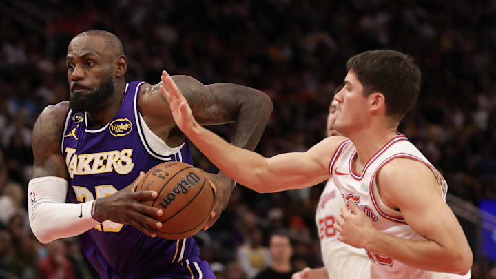 Mar 18, 2026; Houston, Texas, USA;  Los Angeles Lakers forward LeBron James (23) drives to the basket against Houston Rockets guard Reed Sheppard (15) in the second half at Toyota Center. Mandatory Credit: Thomas Shea-Imagn Images