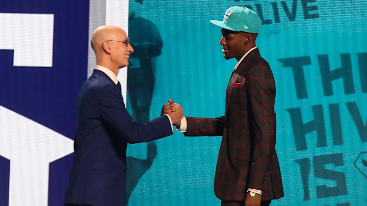 Jun 22, 2023; Brooklyn, NY, USA; Brandon Miller (Alabama) is greeted by NBA commissioner Adam Silver after being selected second by the Charlotte Hornets in the first round of the 2023 NBA Draft at Barclays Arena. Mandatory Credit: Wendell Cruz-Imagn Images Jun 22, 2023; Brooklyn, NY, USA; Brandon Miller (Alabama) is greeted by NBA commissioner Adam Silver after being selected second by the Charlotte Hornets in the first round of the 2023 NBA Draft at Barclays Arena. Mandatory Credit: Wendell Cruz-Imagn Images