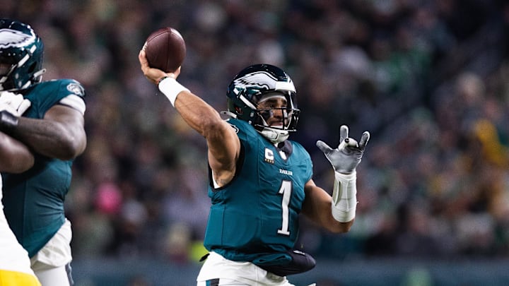 Dec 15, 2024; Philadelphia, Pennsylvania, USA; Philadelphia Eagles quarterback Jalen Hurts (1) passes the ball against the Pittsburgh Steelers during the second quarter at Lincoln Financial Field. Dec 15, 2024; Philadelphia, Pennsylvania, USA; Philadelphia Eagles quarterback Jalen Hurts (1) passes the ball against the Pittsburgh Steelers during the second quarter at Lincoln Financial Field.