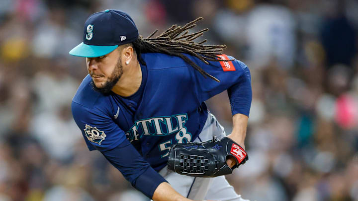 Luis Castillo (58) throws a pitch during the sixth inning against the San Diego Padres at Petco Park.