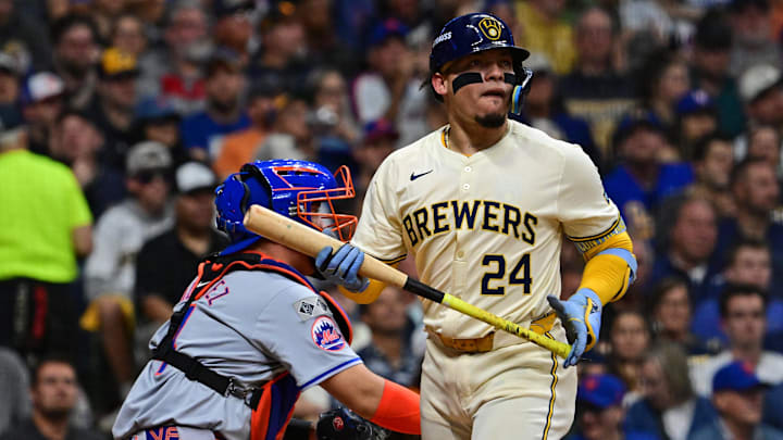 Oct 1, 2024; Milwaukee, Wisconsin, USA; Milwaukee Brewers catcher William Contreras (24) reacts after striking out against the New York Mets during the seventh inning in game one of the Wildcard round for the 2024 MLB Playoffs at American Family Field. Mandatory Credit: Benny Sieu-Imagn Images
