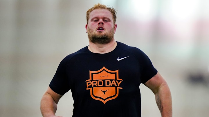 Former Longhorns Hayden Conner participate in the 40 yard dash during Texas' Pro Day at the Texas Football Training Facility on Tuesday, March 25, 2025.
