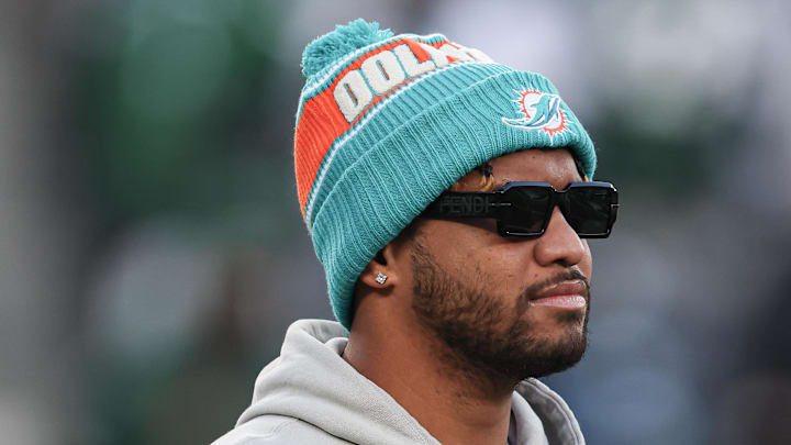 Miami Dolphins quarterback Tua Tagovailoa (1) on the field before the game against the New York Jets at MetLife Stadium in the 2024 season finale. Miami Dolphins quarterback Tua Tagovailoa (1) on the field before the game against the New York Jets at MetLife Stadium in the 2024 season finale.