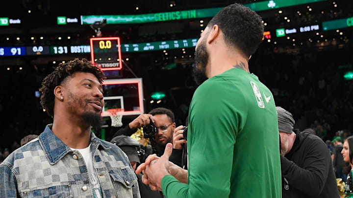 Feb 4, 2024; Boston, Massachusetts, USA; Memphis Grizzlies guard Marcus Smart (36) talks to Boston Celtics forward Jayson Tatum (right) after a game at TD Garden. Mandatory Credit: Eric Canha-USA TODAY Sports Feb 4, 2024; Boston, Massachusetts, USA; Memphis Grizzlies guard Marcus Smart (36) talks to Boston Celtics forward Jayson Tatum (right) after a game at TD Garden. Mandatory Credit: Eric Canha-USA TODAY Sports