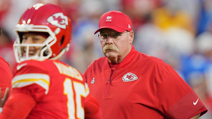 Oct 12, 2025; Kansas City, Missouri, USA; Kansas City Chiefs head coach Andy Reid before the game against the Detroit Lions at GEHA Field at Arrowhead Stadium. Mandatory Credit: Jay Biggerstaff-Imagn Images