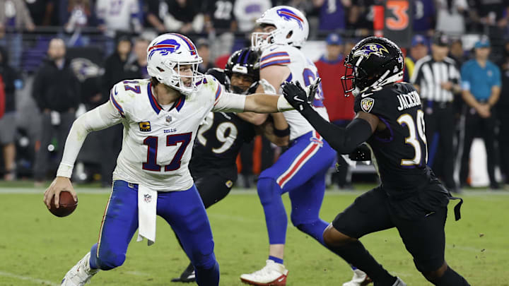 Sep 29, 2024; Baltimore, Maryland, USA; Buffalo Bills quarterback Josh Allen (17) scrambles from Baltimore Ravens safety Eddie Jackson (39) at M&T Bank Stadium. Mandatory Credit: Geoff Burke-Imagn Images Sep 29, 2024; Baltimore, Maryland, USA; Buffalo Bills quarterback Josh Allen (17) scrambles from Baltimore Ravens safety Eddie Jackson (39) at M&T Bank Stadium. Mandatory Credit: Geoff Burke-Imagn Images