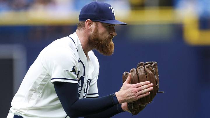May 6, 2026; St. Petersburg, Florida, USA; Tampa Bay Rays pitcher Bryan Baker (47) reacts after pitching against the Toronto Blue Jays in the eighth inning at Tropicana Field.