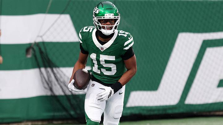 New York Jets wide receiver Adonai Mitchell (15) reacts after a touchdown catch against the Atlanta Falcons during the second half at MetLife Stadium. New York Jets wide receiver Adonai Mitchell (15) reacts after a touchdown catch against the Atlanta Falcons during the second half at MetLife Stadium.