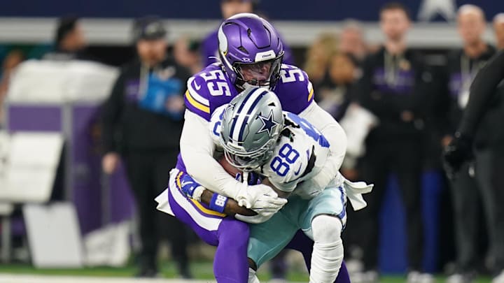 Dec 14, 2025; Arlington, Texas, USA; Minnesota Vikings linebacker Eric Wilson (55) tackles Dallas Cowboys wide receiver Ceedee Lamb (88) during the first half at AT&T Stadium. Mandatory Credit: Raymond Carlin III-Imagn Images