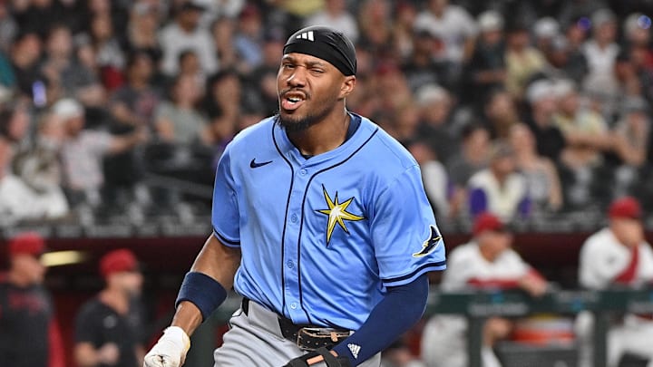 Tampa Bay Rays shortstop Chandler Simpson (14) celebrates after scoring in the ninth inning against the Arizona Diamondbacks at Chase Field on April 24.