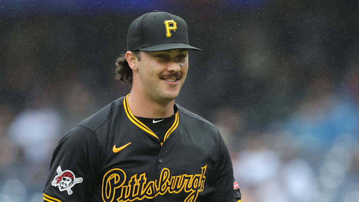 Sep 28, 2024; Bronx, New York, USA; Pittsburgh Pirates starting pitcher Paul Skenes (30) smiles as he walks off the field after the second inning at Yankee Stadium. Mandatory Credit: Brad Penner-Imagn Images