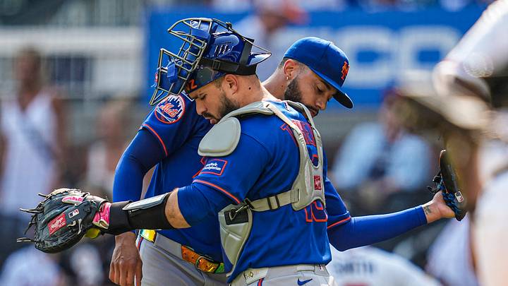 Jul 5, 2026; Cumberland, Georgia, USA; New York Mets pitcher Devin Williams (38) and catcher Luis Torrens (13) react after defeating the Atlanta Braves at Truist Park. Mandatory Credit: Dale Zanine-Imagn Images Jul 5, 2026; Cumberland, Georgia, USA; New York Mets pitcher Devin Williams (38) and catcher Luis Torrens (13) react after defeating the Atlanta Braves at Truist Park. Mandatory Credit: Dale Zanine-Imagn Images