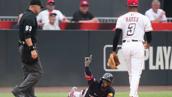 Atlanta Braves' Jurickson Profar celebrating after getting on base in the MLB Speedway Classic baseball game against the Cincinnati Reds at Bristol Motor Speedway on August 3, 2025 in Bristol, Tennessee. Atlanta Braves' Jurickson Profar celebrating after getting on base in the MLB Speedway Classic baseball game against the Cincinnati Reds at Bristol Motor Speedway on August 3, 2025 in Bristol, Tennessee.