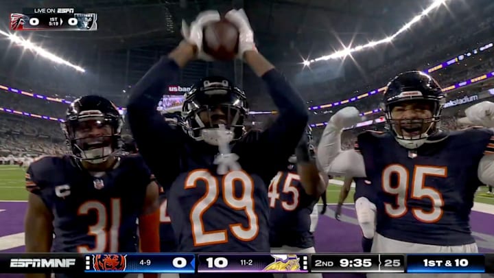 Bears CB Tyrique Stevenson mocks the Vikings' Skol chant during Chicago's 30-12 loss on MNF. Bears CB Tyrique Stevenson mocks the Vikings' Skol chant during Chicago's 30-12 loss on MNF.