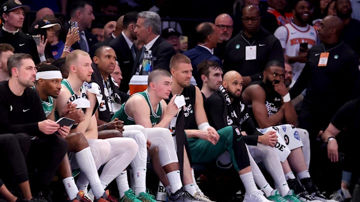 May 16, 2025; New York, New York, USA; Boston Celtics players watch from the bench during the end of the fourth quarter of game six in the second round of the 2025 NBA Playoffs against the New York Knicks at Madison Square Garden. Mandatory Credit: Brad Penner-Imagn Images May 16, 2025; New York, New York, USA; Boston Celtics players watch from the bench during the end of the fourth quarter of game six in the second round of the 2025 NBA Playoffs against the New York Knicks at Madison Square Garden. Mandatory Credit: Brad Penner-Imagn Images