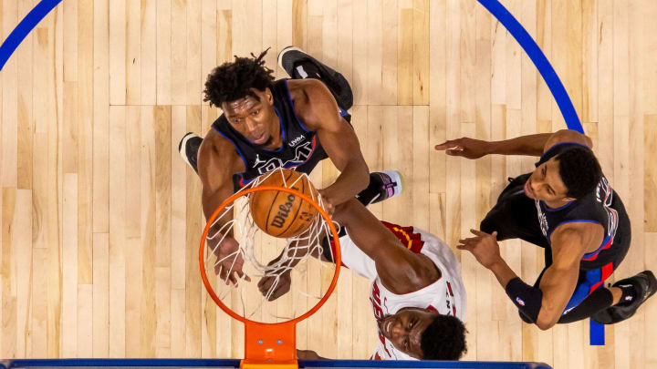 Mar 15, 2024; Detroit, Michigan, USA; Detroit Pistons center James Wiseman (13) battles for the rebound with Miami Heat center Thomas Bryant (31) during the second half at Little Caesars Arena. Mandatory Credit: David Reginek-USA TODAY Sports Mar 15, 2024; Detroit, Michigan, USA; Detroit Pistons center James Wiseman (13) battles for the rebound with Miami Heat center Thomas Bryant (31) during the second half at Little Caesars Arena. Mandatory Credit: David Reginek-USA TODAY Sports