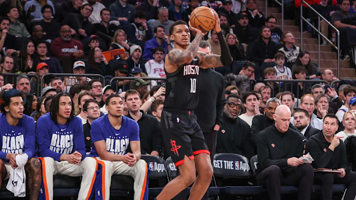 Feb 21, 2026; New York, New York, USA;  Houston Rockets forward Jabari Smith Jr. (10) at Madison Square Garden. Mandatory Credit: Wendell Cruz-Imagn Images