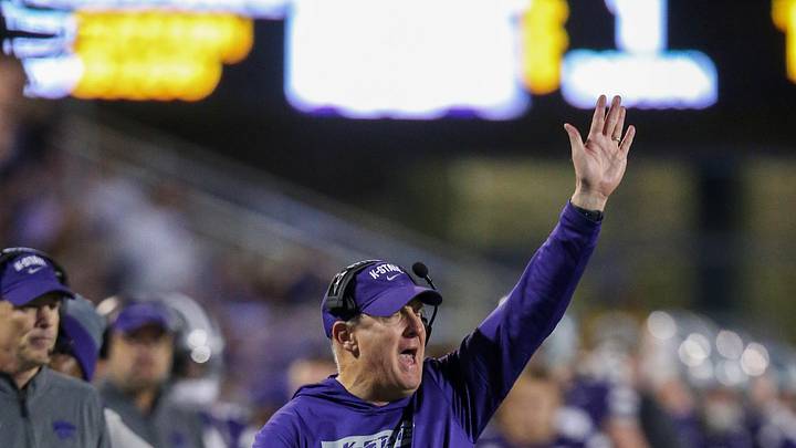 Nov 16, 2024; Manhattan, Kansas, USA; Kansas State Wildcats head coach Chris Klieman yells to his team during the fourth quarter against the Arizona State Sun Devils at Bill Snyder Family Football Stadium. Mandatory Credit: Scott Sewell-Imagn Images Nov 16, 2024; Manhattan, Kansas, USA; Kansas State Wildcats head coach Chris Klieman yells to his team during the fourth quarter against the Arizona State Sun Devils at Bill Snyder Family Football Stadium. Mandatory Credit: Scott Sewell-Imagn Images